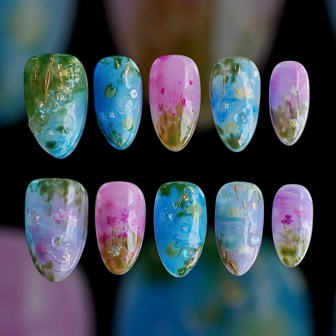 YUMMICLAWS Press on nails Giverny Glow short almond